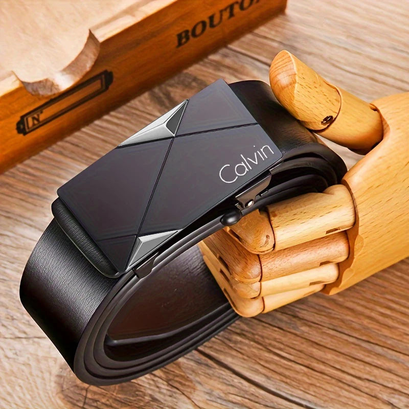 Men's Automatic Buckle Belt - PU Leather Dress Strap - Silver