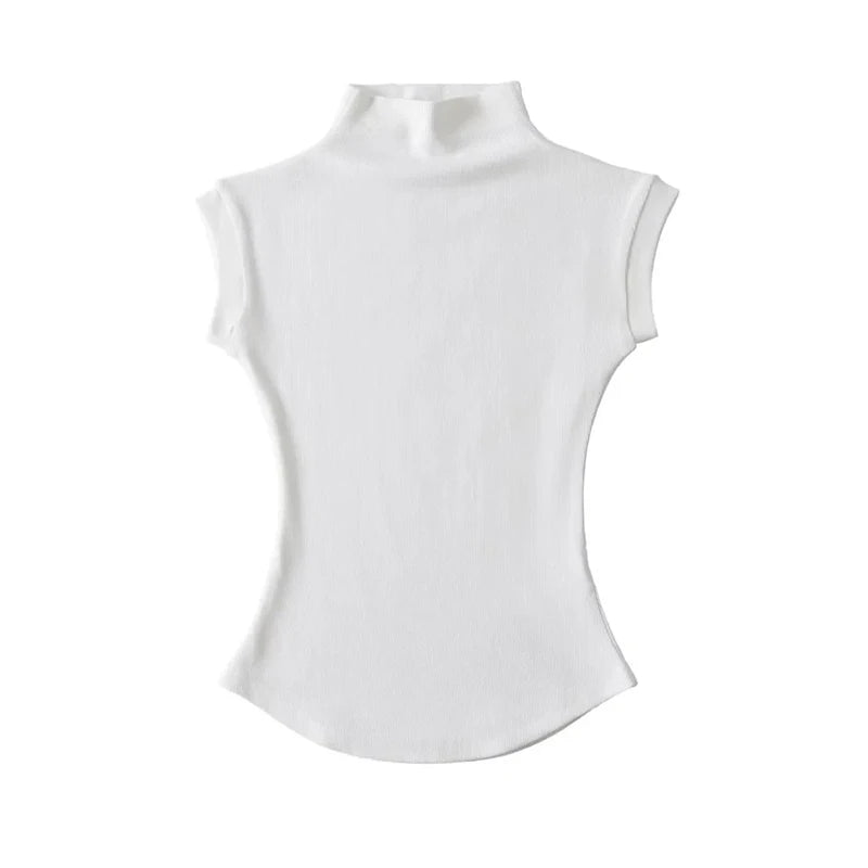 Sleeveless Turtleneck Top - Slim Fit Summer Tee - White