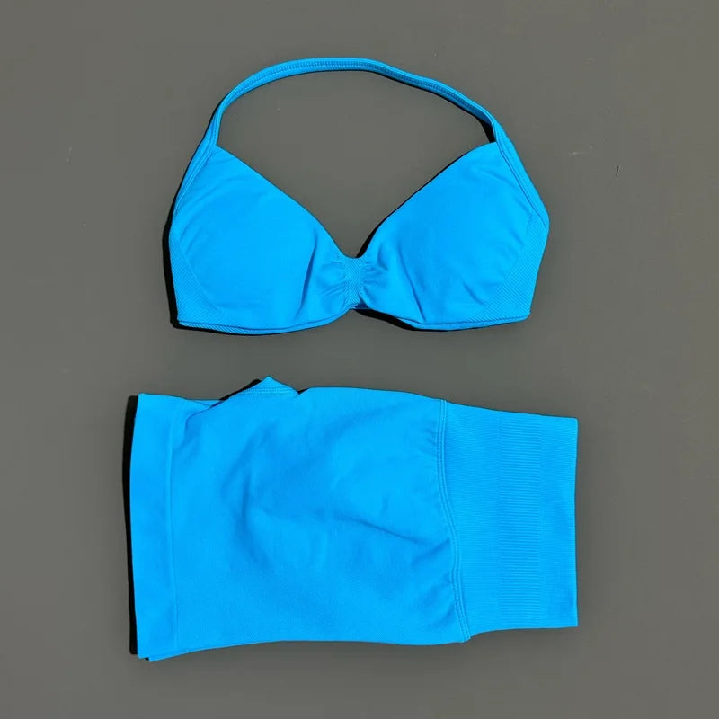 Women's Two-Piece Workout Set - Sports Bra and Shorts - Glacier Blue