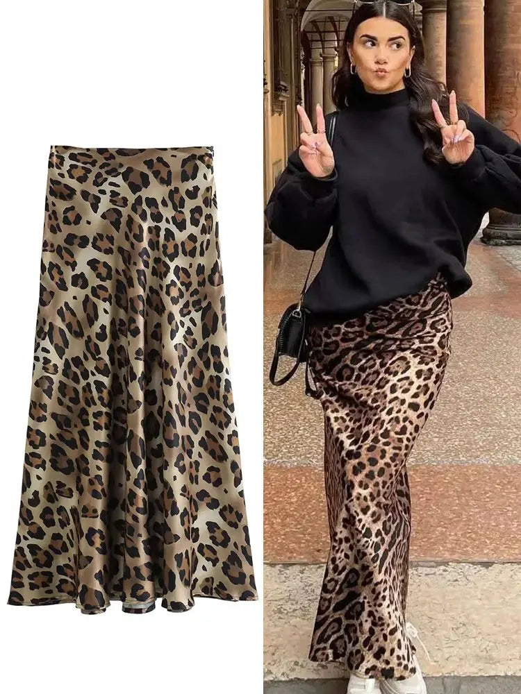 Women's Leopard Midi Skirt - High Waist A-Line Style
