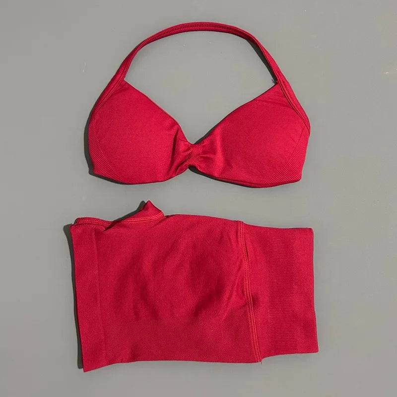 Women's Two-Piece Workout Set - Sports Bra and Shorts - Wine Red