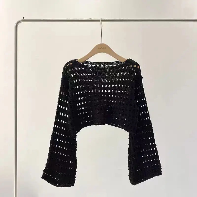Women's Crochet Cover-Up Top - Long Sleeve Beach Pullover - Black