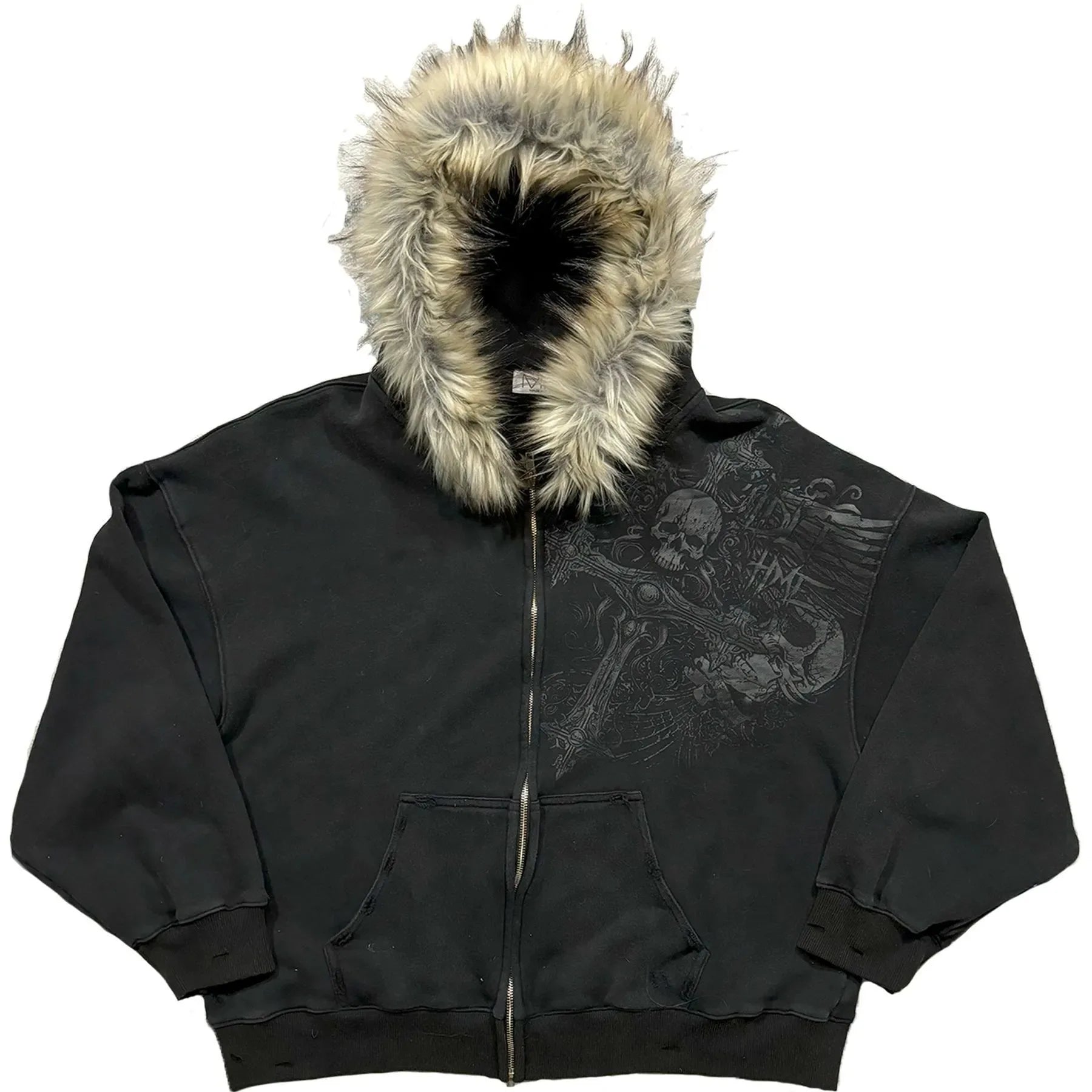 Women's Faux Fur Collar Hoodie - Graphic Zip-Up Jacket - Black