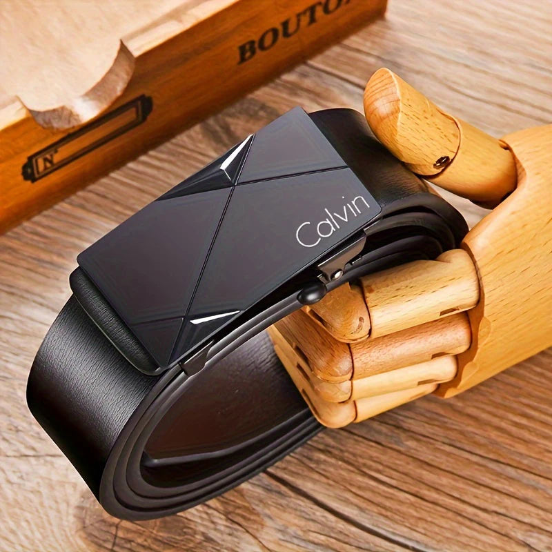Men's Automatic Buckle Belt - PU Leather Dress Strap - Black