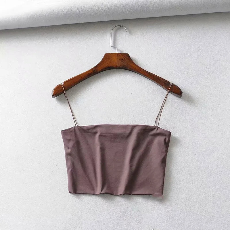 Women's Crop Tank Top - Stretch Sleeveless Cami - Brown