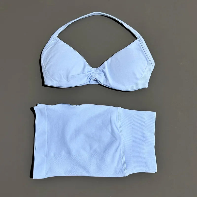 Women's Two-Piece Workout Set - Sports Bra and Shorts - Ice Blue