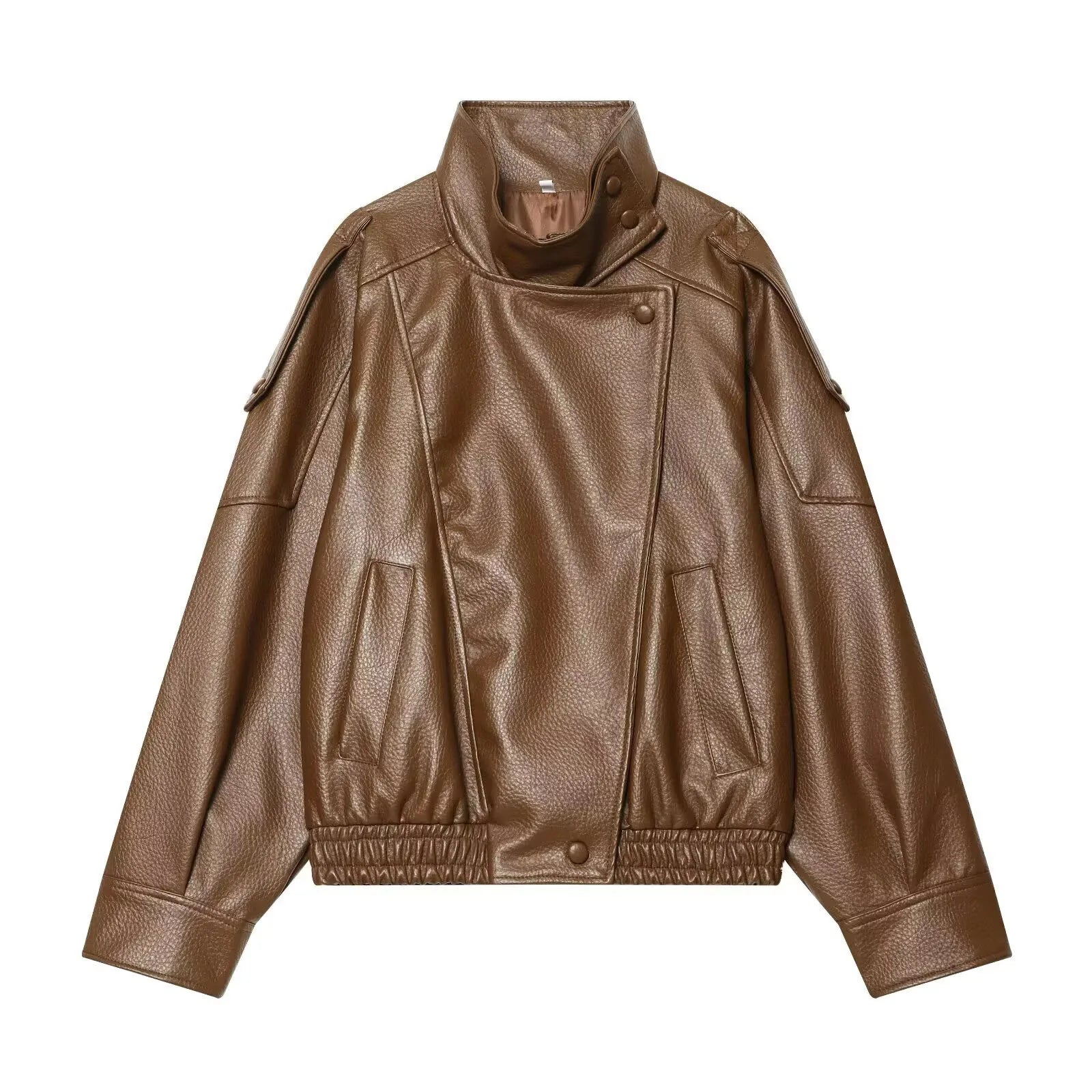 Women's Faux Leather Jacket - Stand Collar Zipper Coat - Camel