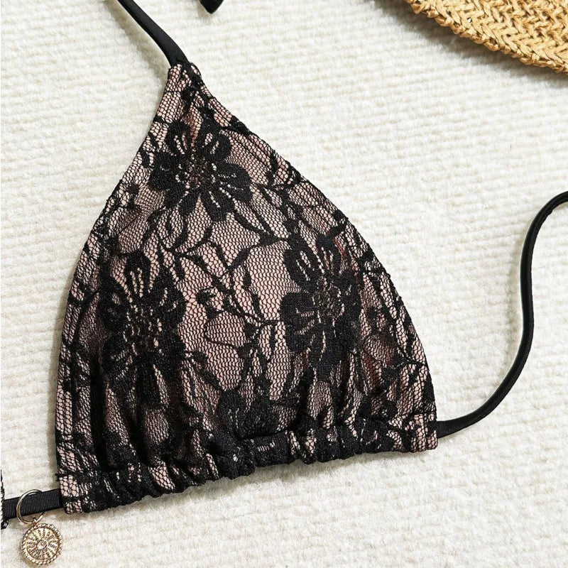 Women's Lace Three-Piece Bikini Set - Floral Swimwear