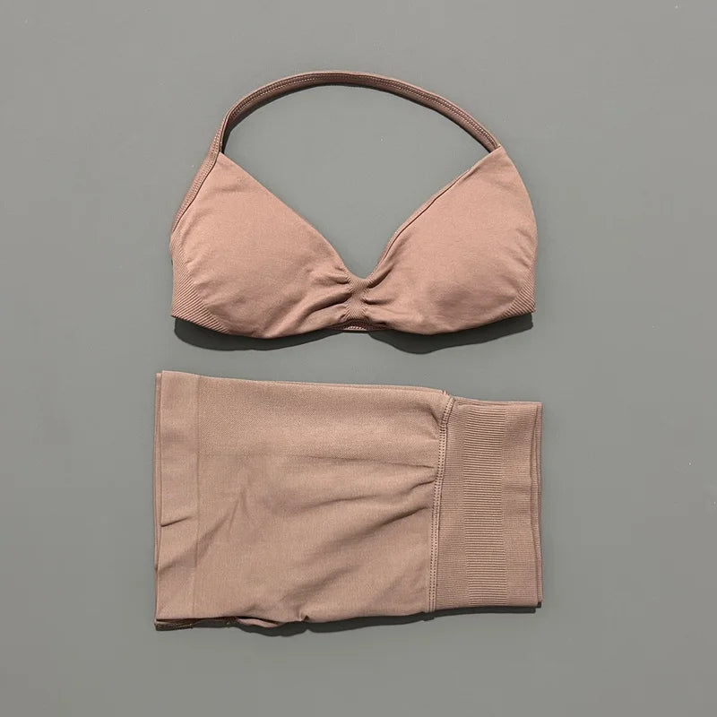Women's Two-Piece Workout Set - Sports Bra and Shorts - Coffee