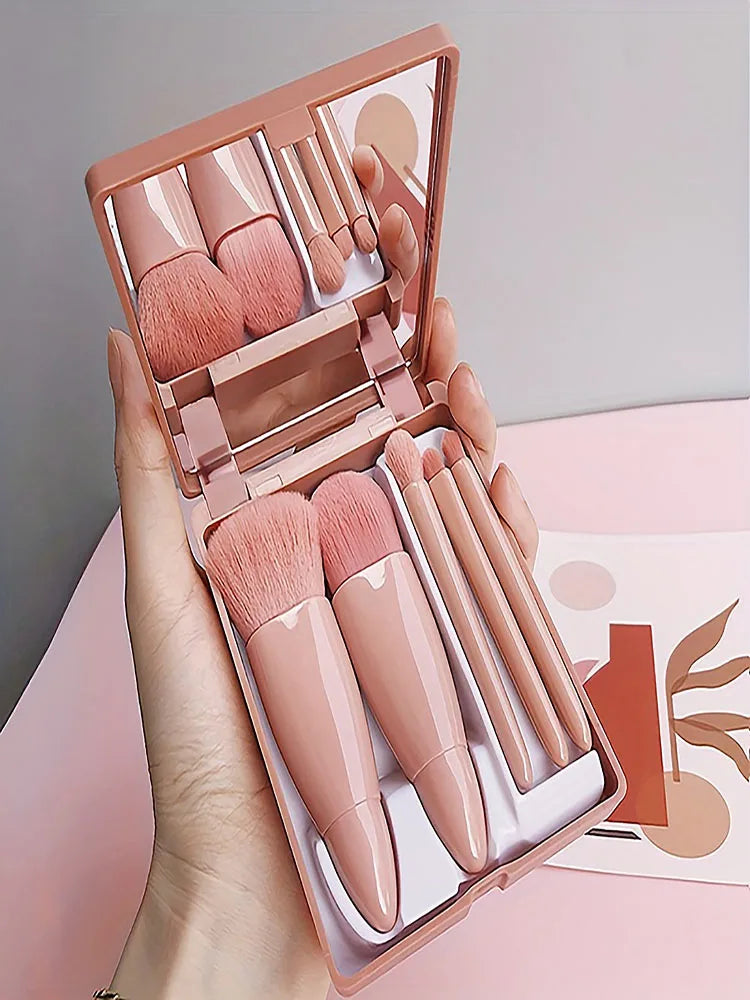 Portable Makeup Brush Set - Foldable Mirror Travel Kit