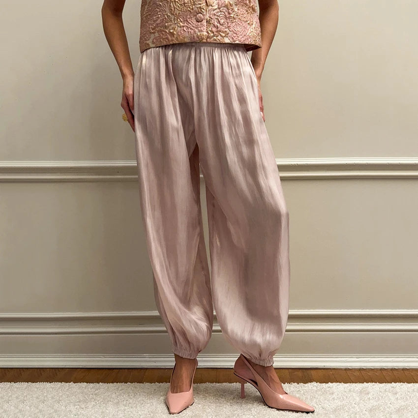 Pleated Wide-Leg Trousers - High Waist Loose Pants - Pink