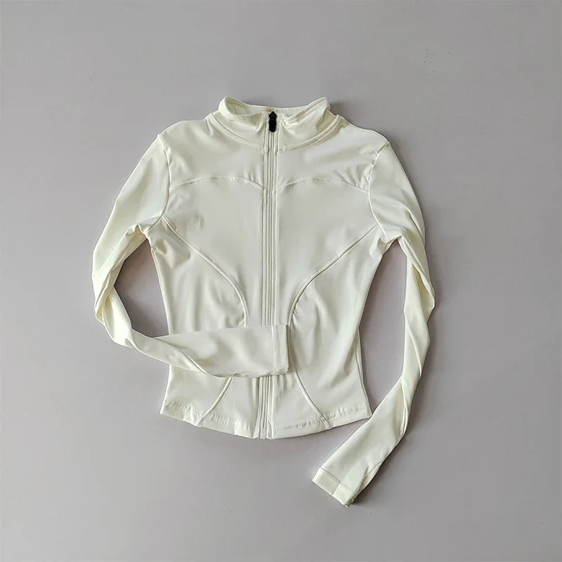 Women's Yoga Zip Jacket - Stand Collar Sports Top - White