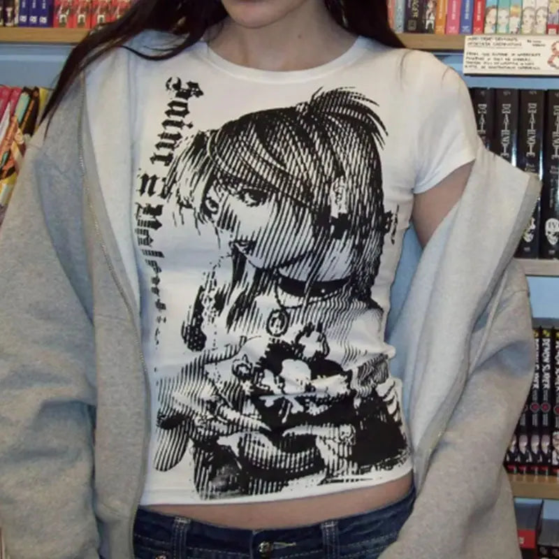 Y2K Graphic Crop T-Shirt - O-Neck Printed Casual Tee