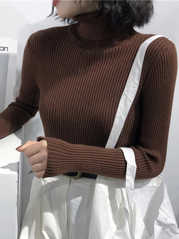 Women's Turtleneck Sweater - Long Sleeve Pullover Knit Top - Brown