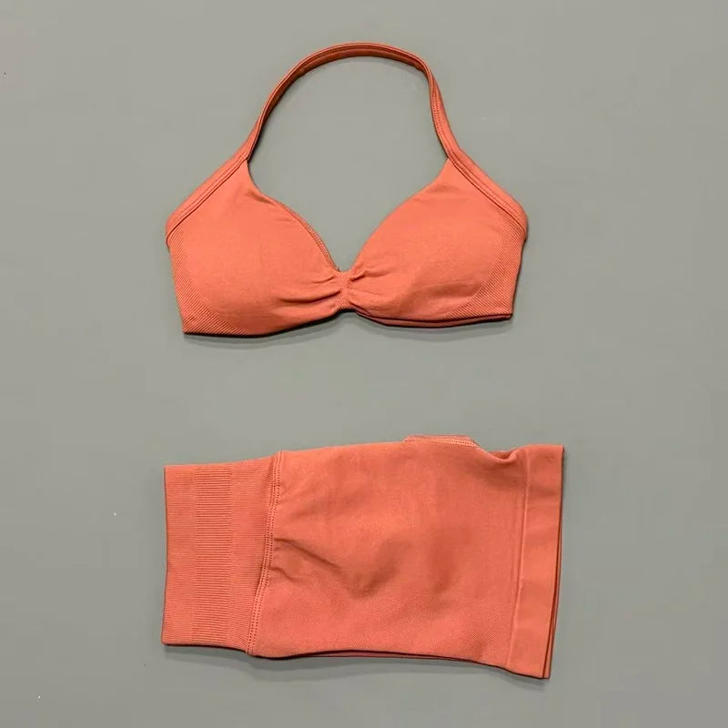 Women's Two-Piece Workout Set - Sports Bra and Shorts - Purple Copper
