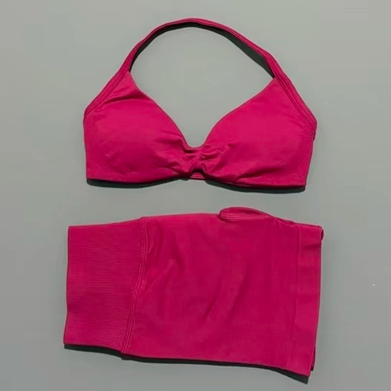 Women's Two-Piece Workout Set - Sports Bra and Shorts - Winter Berry