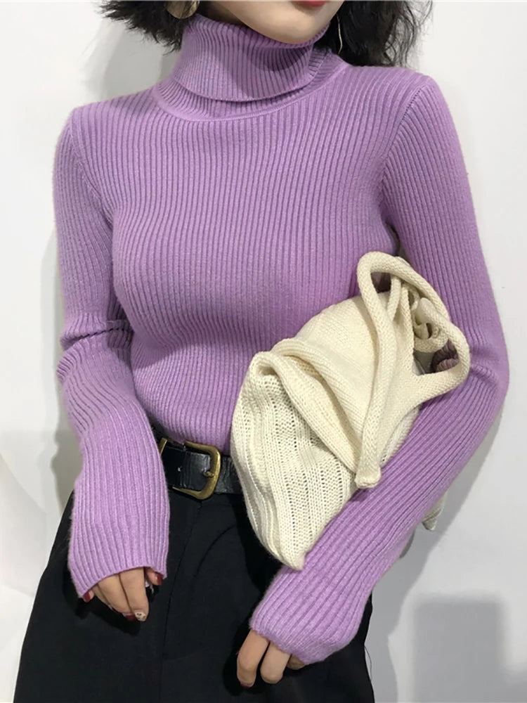 Women's Turtleneck Sweater - Long Sleeve Pullover Knit Top - Purple