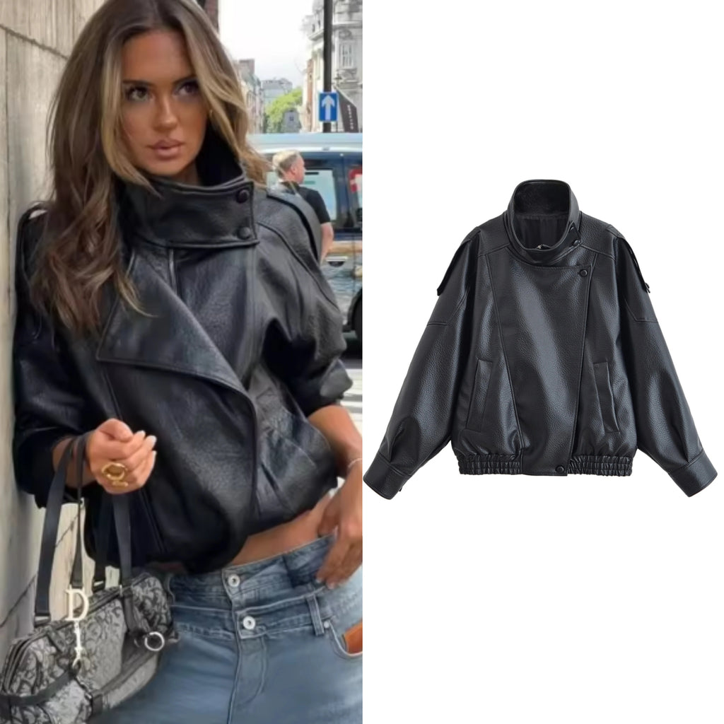 Women's Faux Leather Jacket - Zipper Front Fall Outerwear