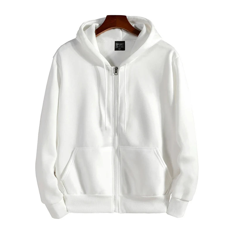 Men's Zip Hoodie - Cotton Blend Long Sleeve Sweatshirt - White