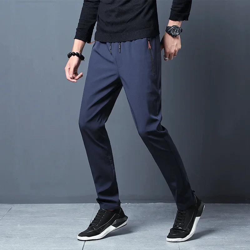 Men's Straight Casual Pants - Elastic Waist Everyday Trousers - Dark Blue