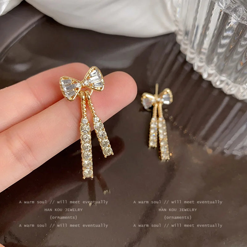 Bow Stud Earrings - Gold-Color Rhinestone Fashion Jewelry