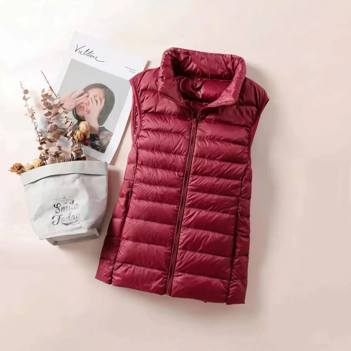 Women's Lightweight Sleeveless Vest - Zip Front Layering Jacket - Burgundy