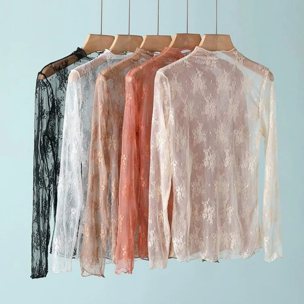 Women's Mesh Lace Top - Long Sleeve Sheer Blouse