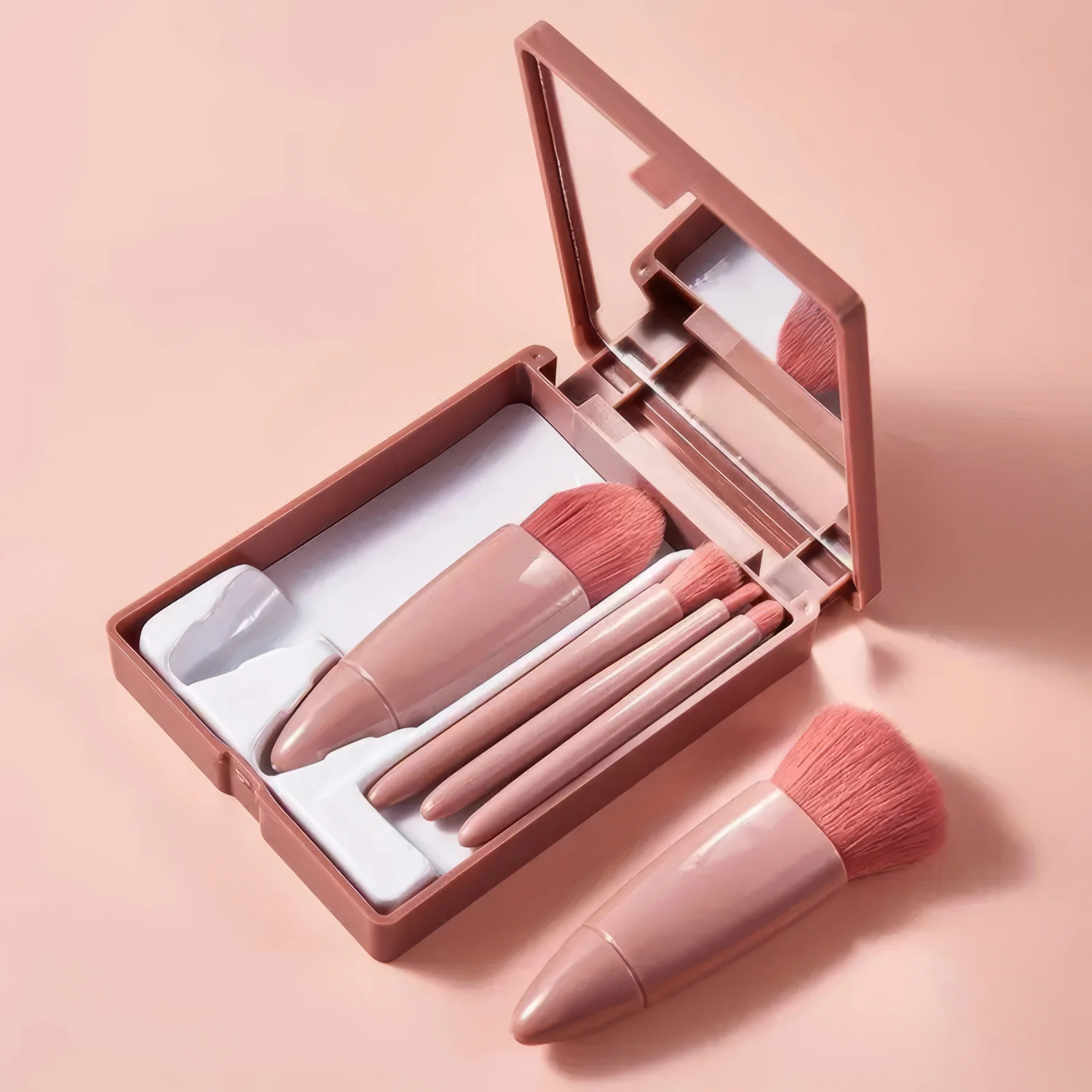 Compact Makeup Brush Kit - 5-Piece Set With Mirror