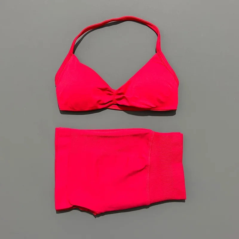 Women's Two-Piece Workout Set - Sports Bra and Shorts - Christmas Red