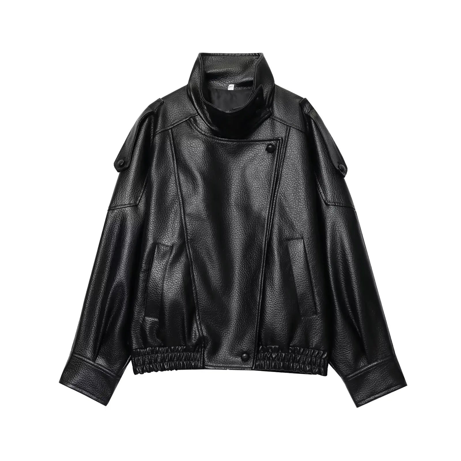 Women's Faux Leather Jacket - Stand Collar Zipper Coat - Black
