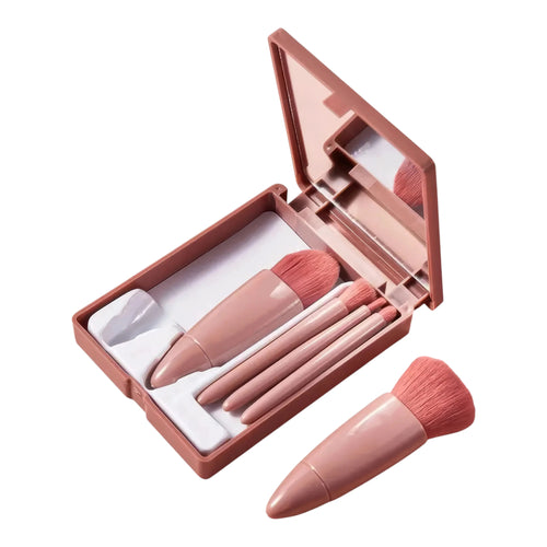 Compact Makeup Brush Kit - 5-Piece Set With Mirror