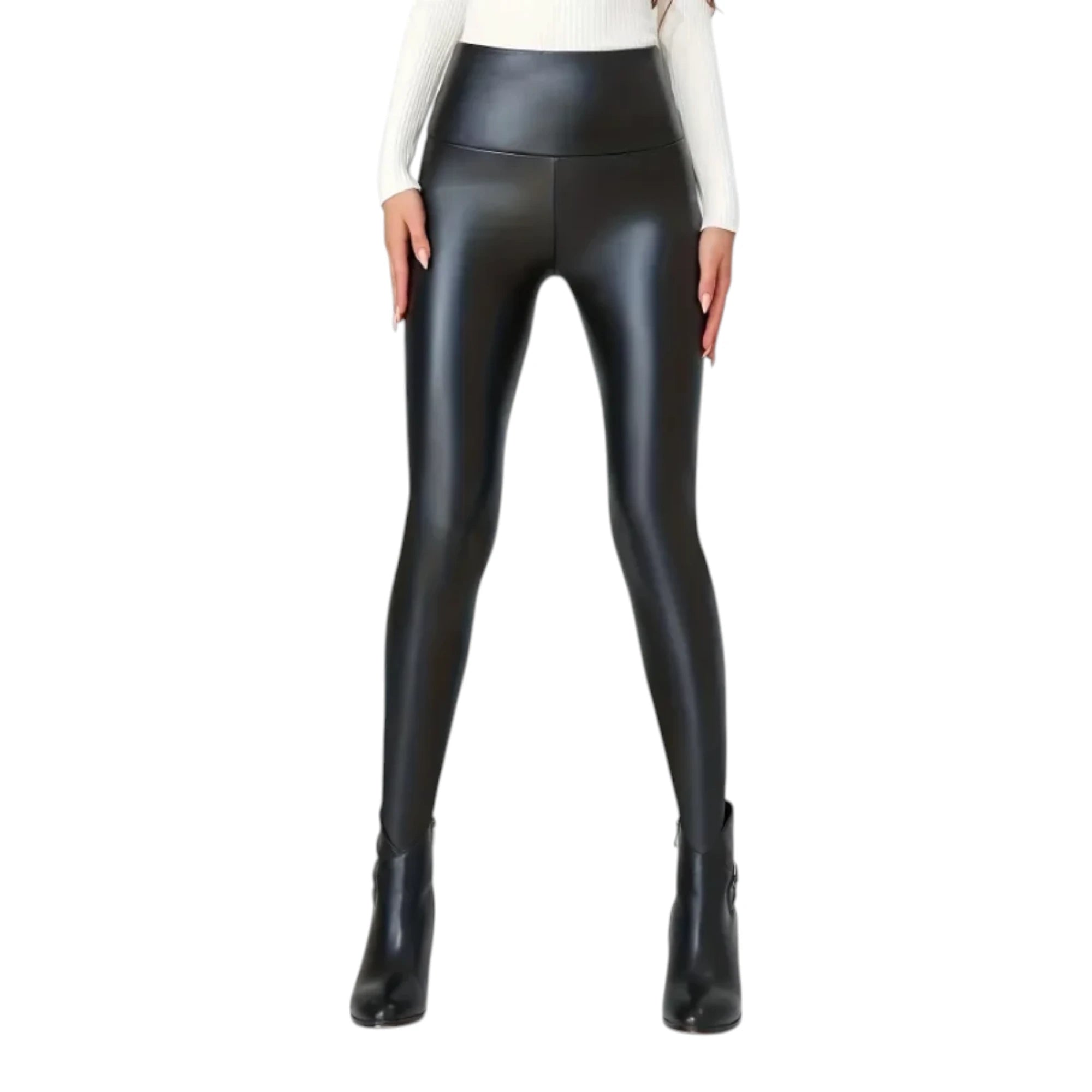 Faux Leather Leggings - High Waist Stretch Pants