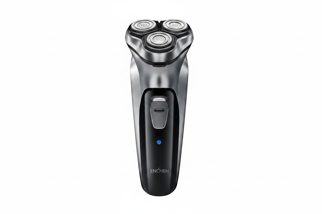 Electric rotary shaver black and silver on white background