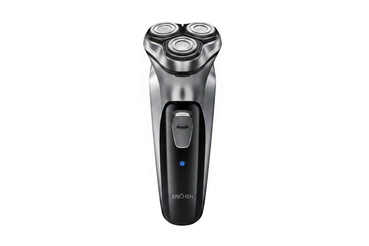 Electric rotary shaver black and silver on white background