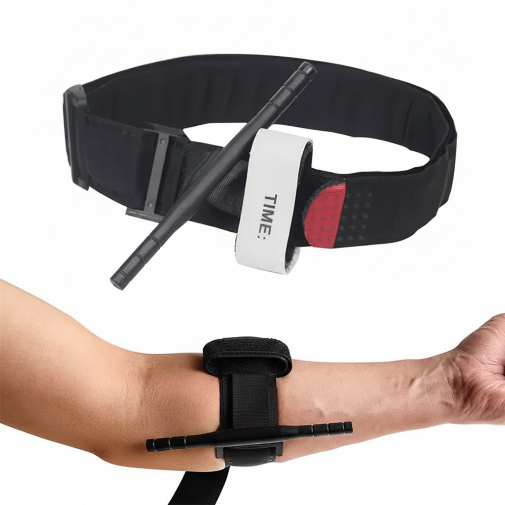 Black nylon one-hand windlass tourniquet shown flat and applied to arm, white background
