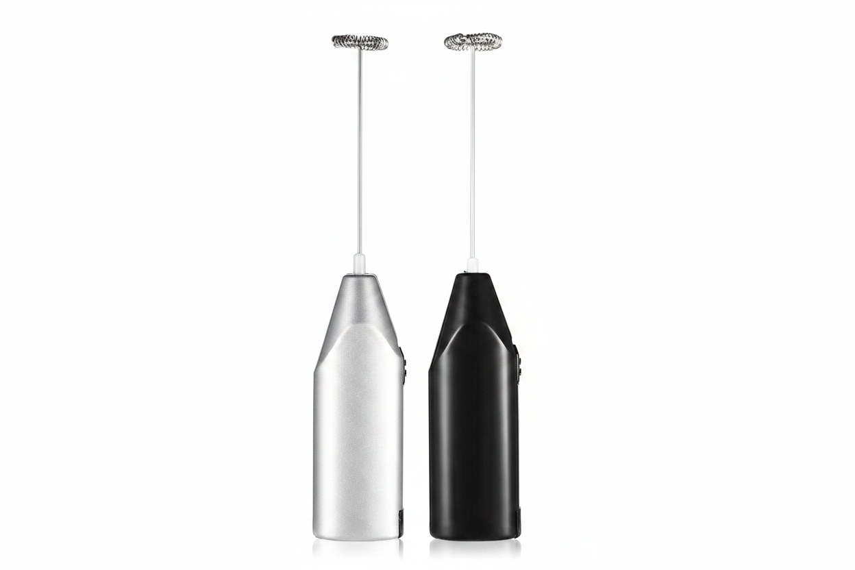 Handheld Milk Frother silver and black on white background
