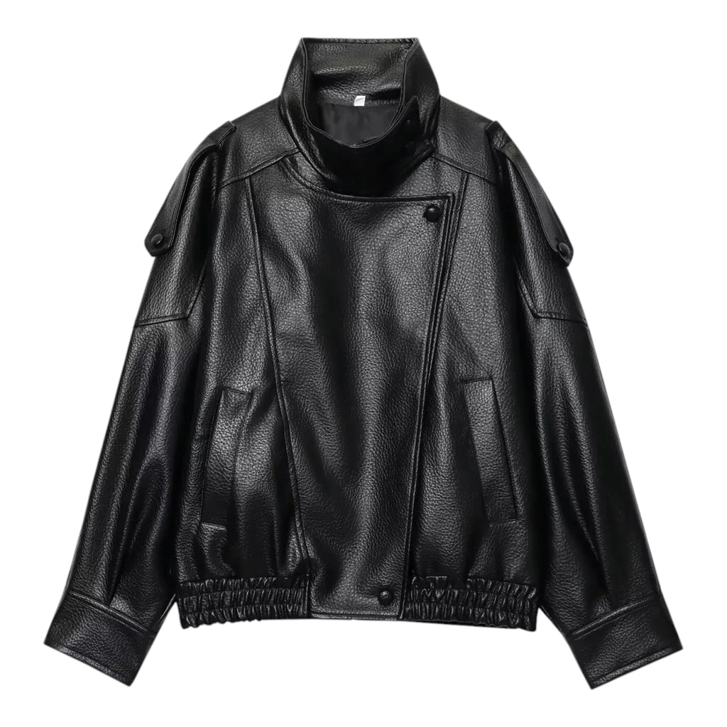 Women's Faux Leather Jacket - Stand Collar Zipper Coat