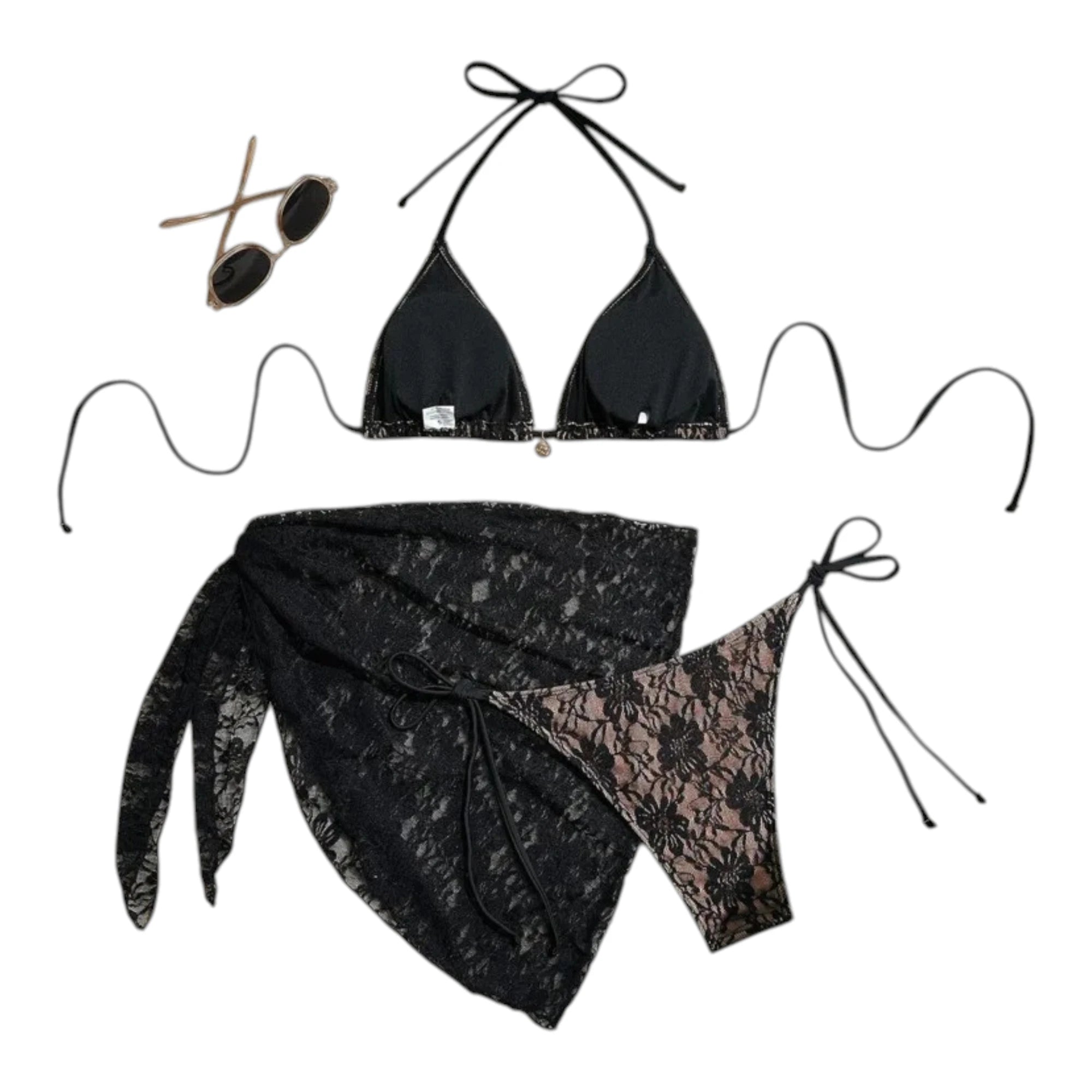Women's Lace Three-Piece Bikini Set - Floral Swimwear
