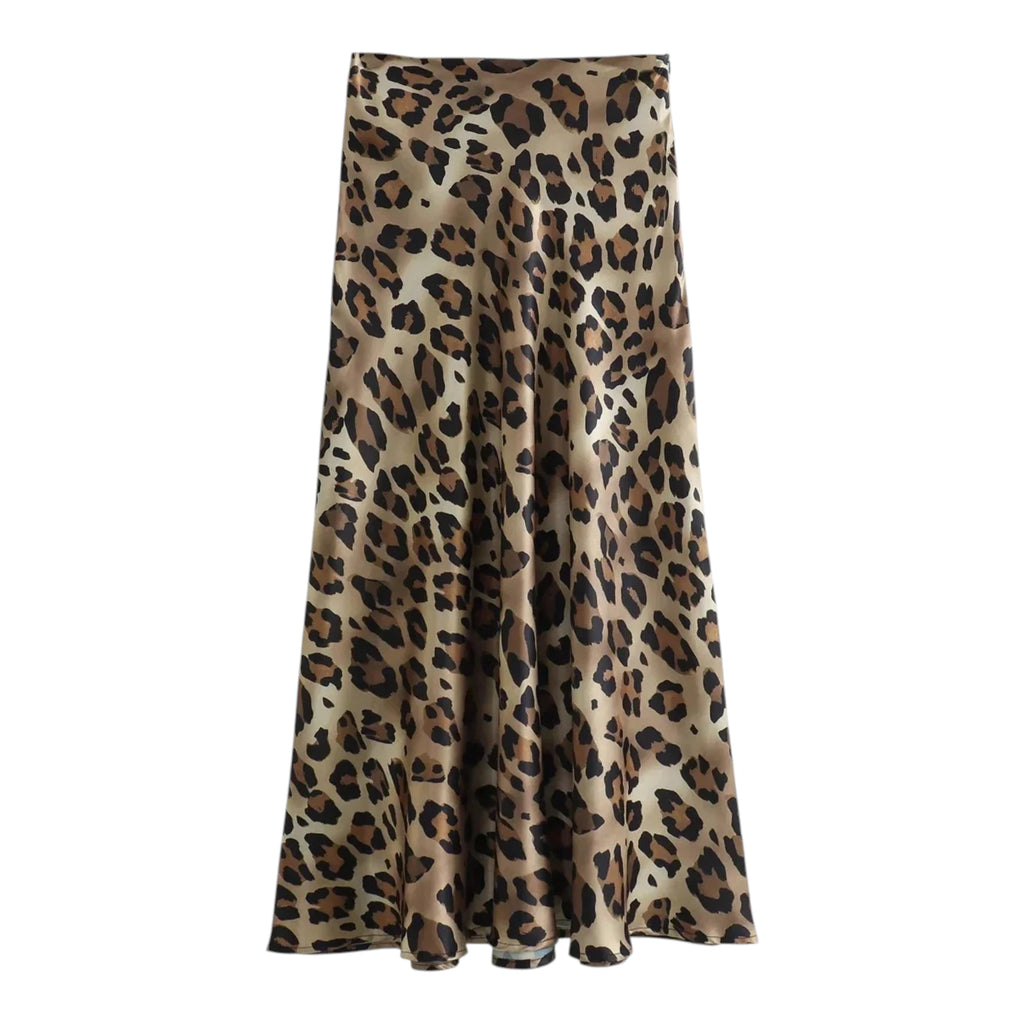 Women's Leopard Midi Skirt - High Waist A-Line Style