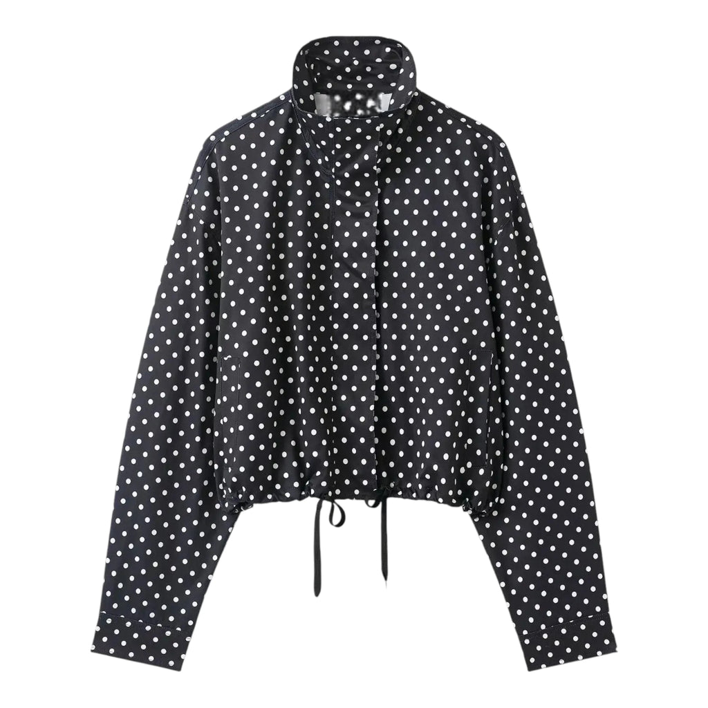 Women's Polka Dot Zip Jacket - Drawstring Casual Outerwear