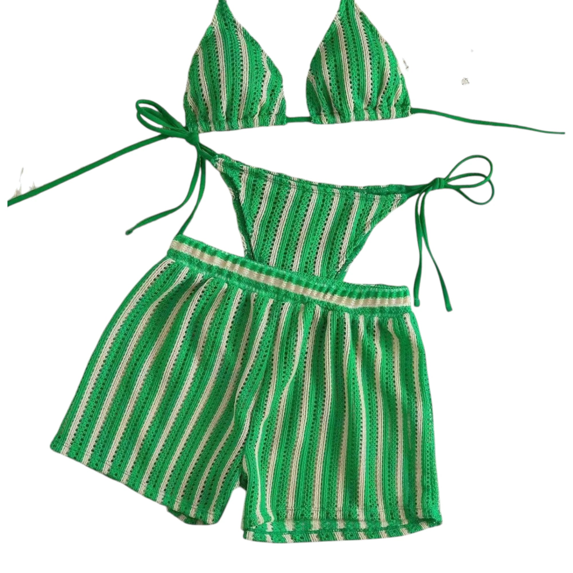 Women's Three-Piece Bikini Set - Lace-Up Mesh Swimwear